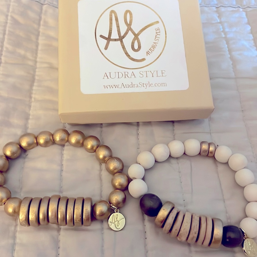 Audra Style stackable bracelets in gold and white- made of wood